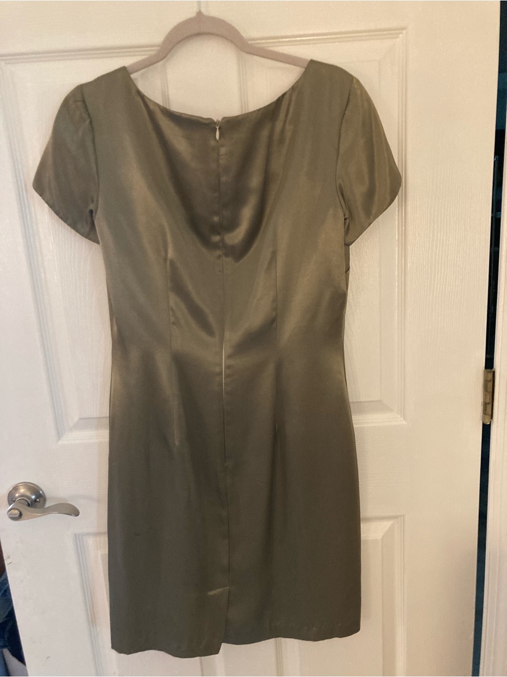 Satin Olive Sheath Dress with Short Sleeves